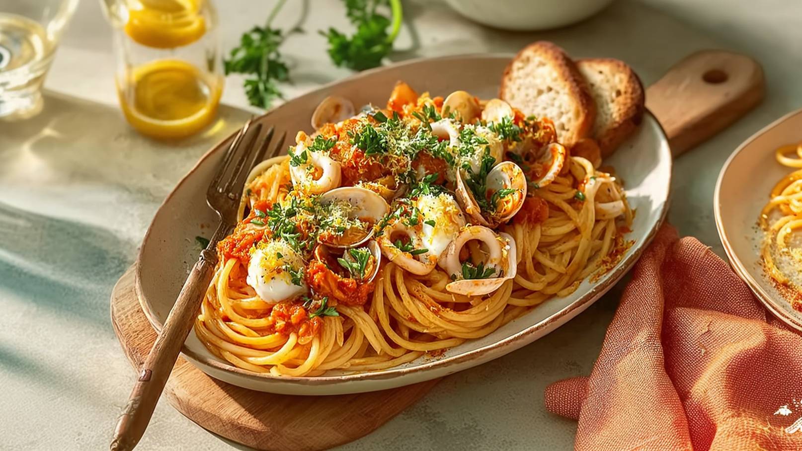Ein Teller Spaghetti mit Tomatensauce, Muscheln und Tintenfisch, garniert mit frischer Petersilie und gehobeltem Käse. Dazu zwei Scheiben rustikales Brot auf einem Holzbrett, alles in einem hellen, einladenden Arrangement.