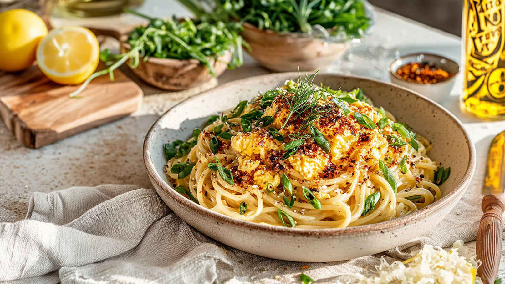 Ein Teller mit Spaghetti, garniert mit gebratenen Eiern und frischen Kräutern. Der Nudelgericht ist in einer schlichten, runden Schüssel angerichtet, umgeben von einem weißen Tuch. Im Hintergrund liegen einige Zitronen und frisches Gemüse.