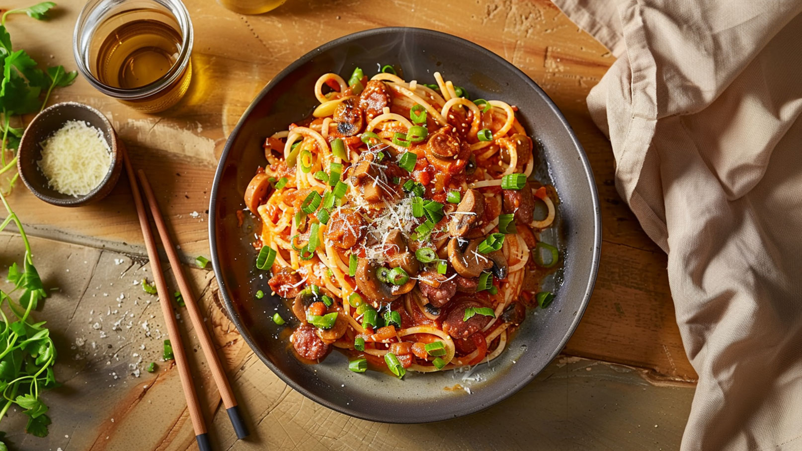 Ein Teller mit Spaghetti in einer reichhaltigen Tomatensauce, garniert mit frischen Frühlingszwiebeln und Pilzen. Neben dem Teller steht ein kleines Schälchen mit geriebenem Käse und ein Glas Getränk. Die Anordnung erfolgt auf einem Holzuntergrund.