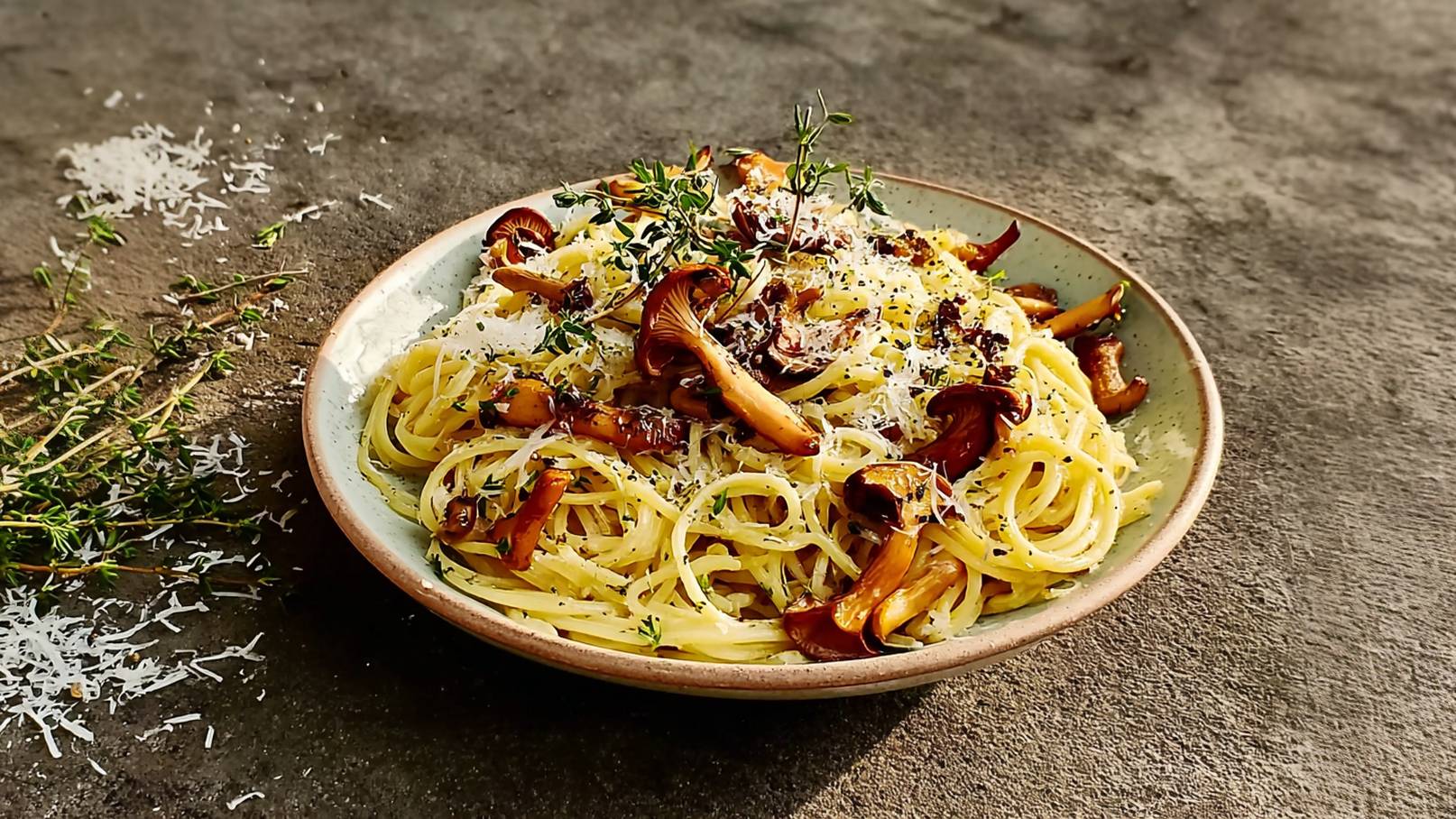 Ein Teller mit Spaghetti, garniert mit gebratenen Pilzen und frischem Thymian. Darauf liegt frisch geriebener Käse und ein Hauch von schwarzem Pfeffer. Der Teller hat einen leicht gewölbten Rand und wird auf einer rustikalen Oberfläche präsentiert.