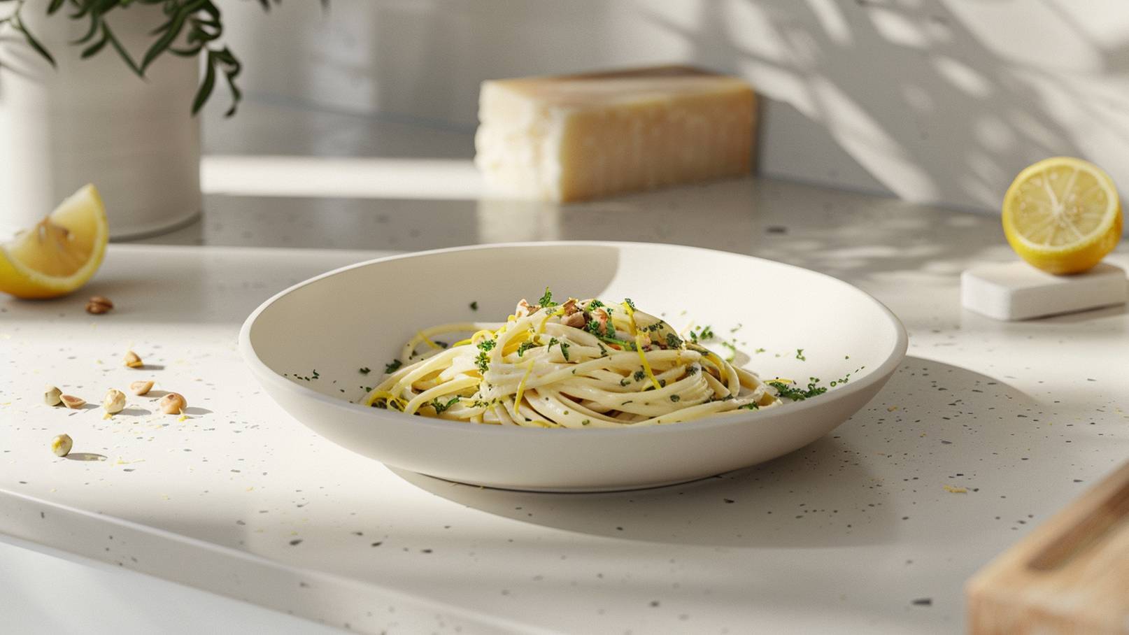 Klassische Spaghetti Carbonara mit gerösteten Haselnüssen, schön zusammengerollt auf einem weißen Teller. Im Hintergrund lassen sich verschwommen Olivenöl, Schalotten und Kräuter entdecken. 