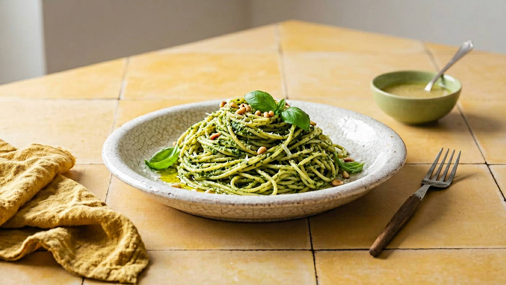 Ein Teller mit Spaghetti, serviert mit grünem Pesto, frischem Basilikum und Pinienkernen. Daneben befindet sich eine kleine Schüssel mit Sauce und eine Gabel. Der Tisch hat eine helle, geflieste Oberfläche.