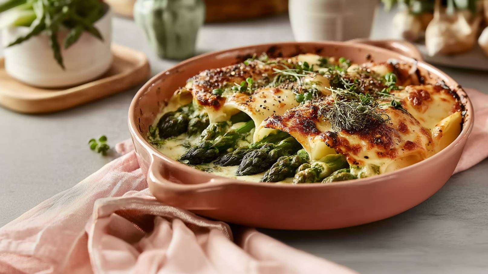 Ein Auflaufgericht in einer rosa Auflaufform, gefüllt mit grünem Spargel und überbacken mit einer goldenen Käsekruste. Das Gericht ist mit Kräutern garniert und auf einem grauen Hintergrund angerichtet.