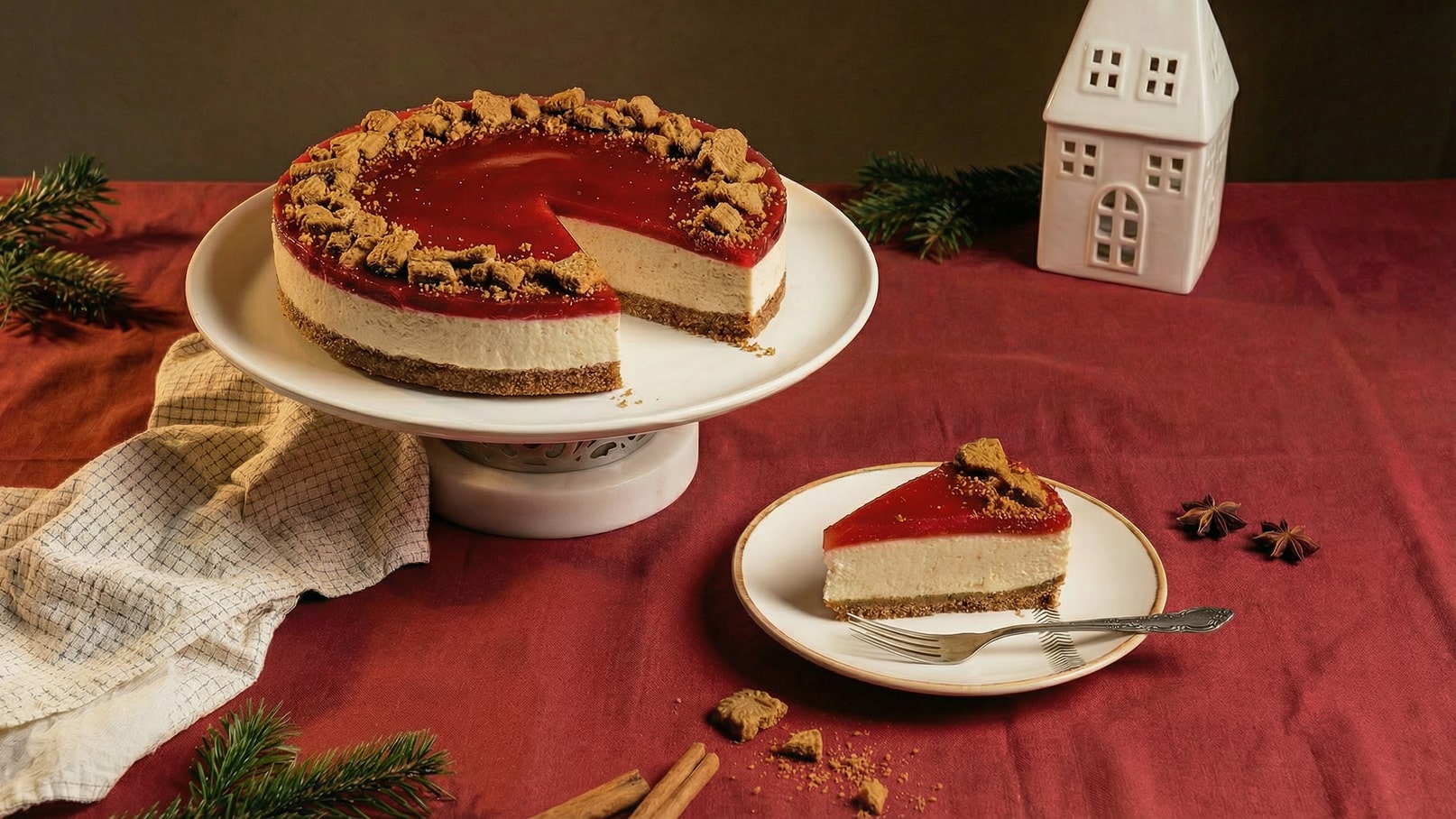 Ein runder Käsekuchen auf einem Teller, bedeckt mit roter Gelee-Oberschicht und Keksstückchen. Ein Stück des Kuchens ist auf einem separaten Teller angerichtet, daneben ein Löffel. Im Hintergrund liegt eine helle Serviette und ein kleines Haus aus Keramik.