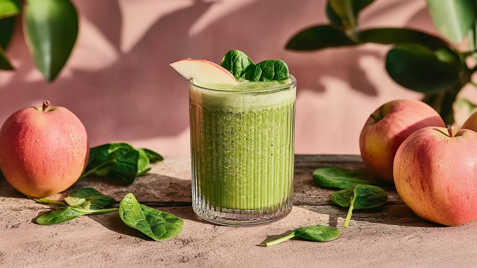 Ein Glas mit grünem Smoothie ist im Vordergrund zu sehen, garniert mit einem Apfelstück und frischen Spinatblättern. Neben dem Glas liegen einige Spinatblätter, während im Hintergrund mehrere reife Äpfel platziert sind.