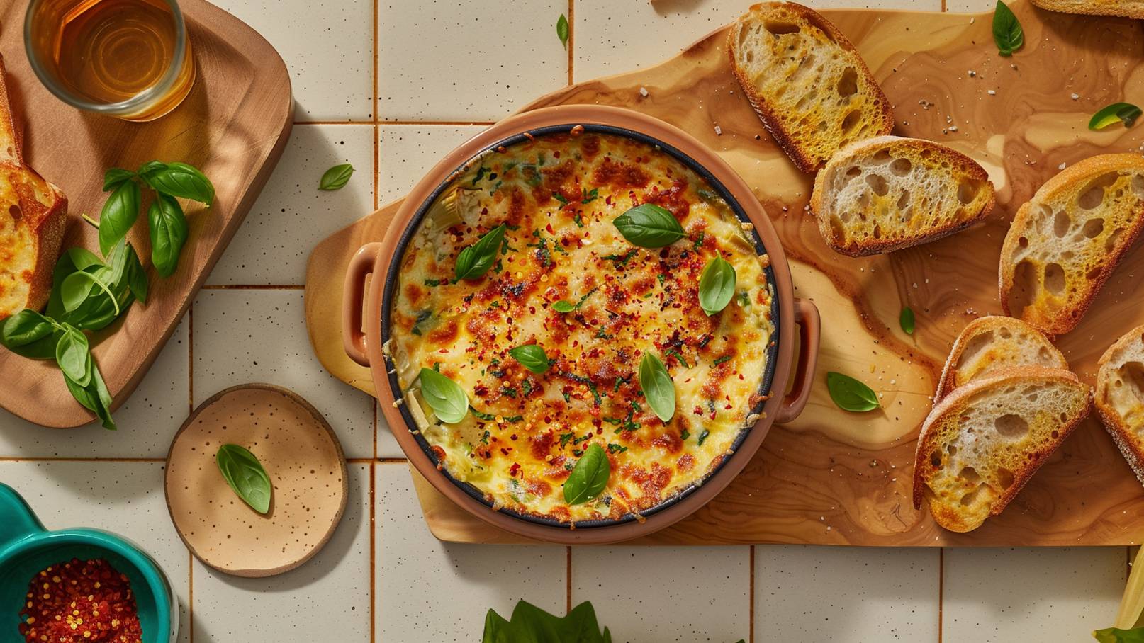 Eine Schüssel mit cremigem Kräuterdip, verziert mit frischem Basilikum und kleinen Käsewürfeln. Neben der Schüssel liegt frisch geschnittenes Brot.