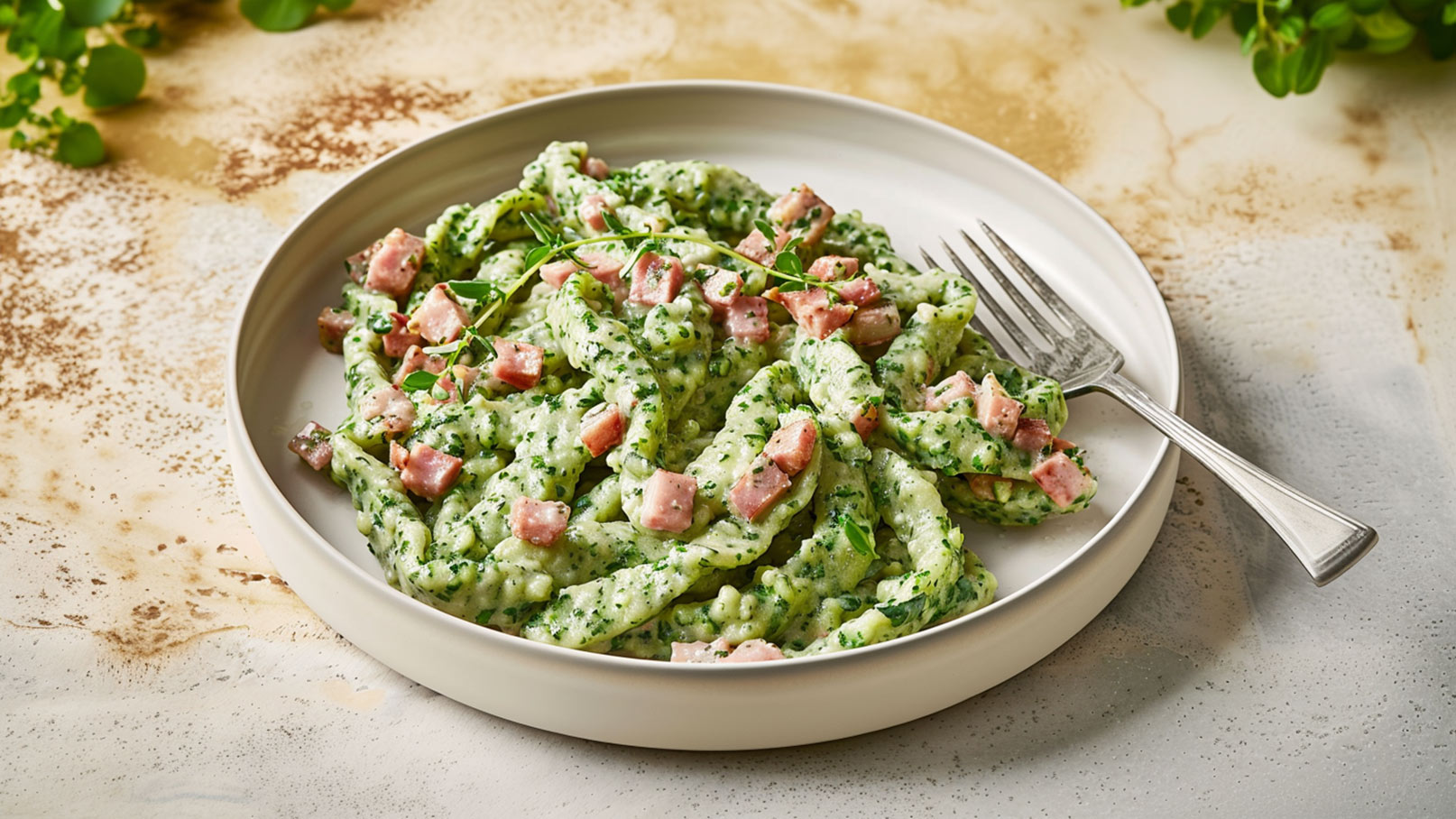 Auf einem weißen Teller liegt eine Portion grüne Pasta mit einer cremigen, schmackhaften Sauce. Die Pasta ist mit kleinen Schinkenstücken garniert und mit frischen Kräutern dekoriert. Ein Besteckstück liegt neben dem Teller.