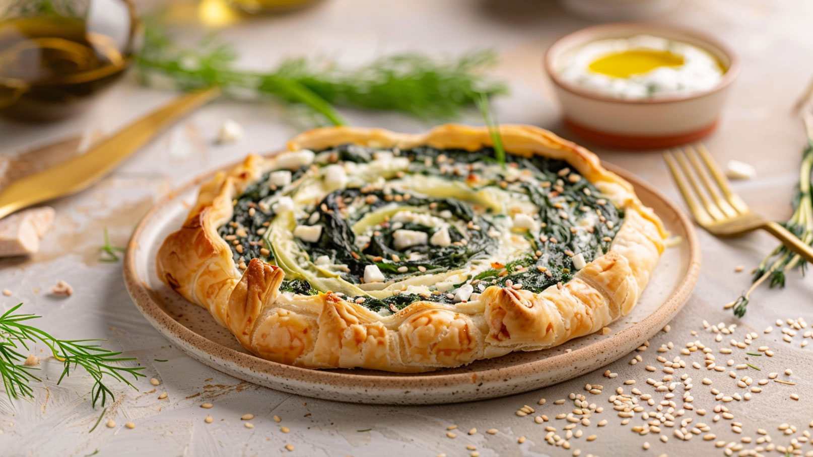 Ein runder, gefüllter Blätterteigkuchen auf einem Teller, gefüllt mit Spinat und Käse. Die Oberfläche hat spiralige Muster, und die Ränder sind goldbraun gebacken. Daneben stehen ein kleiner Schälchen mit Olivenöl und frische Kräuter, was das Gericht ergänzt.
