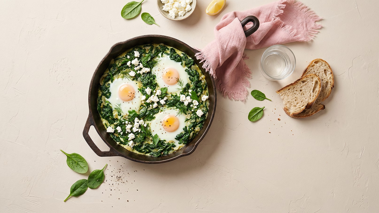 In einer schwarzen Pfanne befinden sich drei Spiegeleier, umgeben von frischem Spinat und Kräutern. Darauf liegen kleine Stücke Feta-Käse. Neben der Pfanne sind ein Glas Wasser, eine rosa Serviette und zwei Scheiben Brot zu sehen.