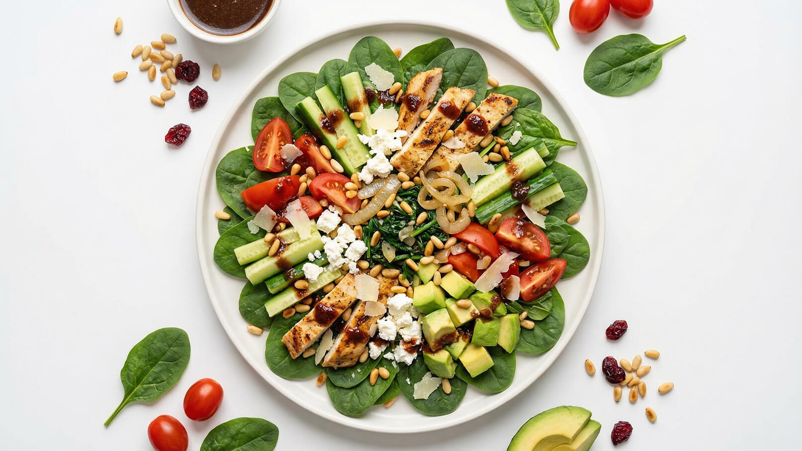 Ein runder Teller mit frischem Spinat als Basis, garniert mit gegrilltem Hähnchen, Gurken, Cherry-Tomaten, Avocado, Zwiebeln, Feta-Käse und Pinienkernen. Darüber befindet sich eine leicht glänzende Dressing. Neben dem Teller steht eine Schüssel mit zusätzlichem Dressing.