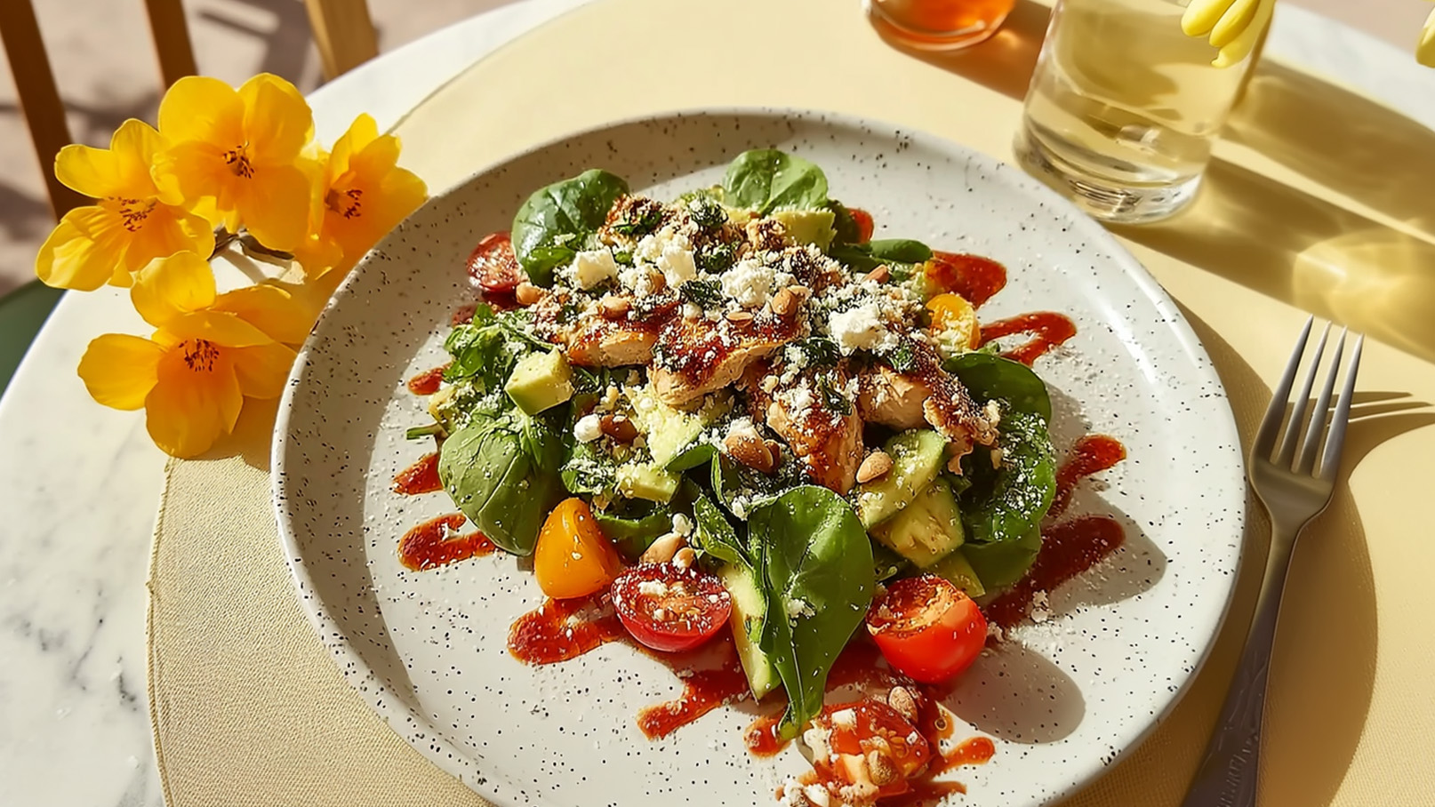 Ein frischer Salat auf einem Tellerrand, bestehend aus Spinat, Kirschtomaten, Avocado, Hähnchenstreifen und gerösteten Pinienkernen. Darüber ist ein Hauch von Käse gestreut, und eine würzige Soße verleiht ihm zusätzlichen Geschmack. Der Teller ist auf einem Tisch mit einer hellen Tischdecke platziert.