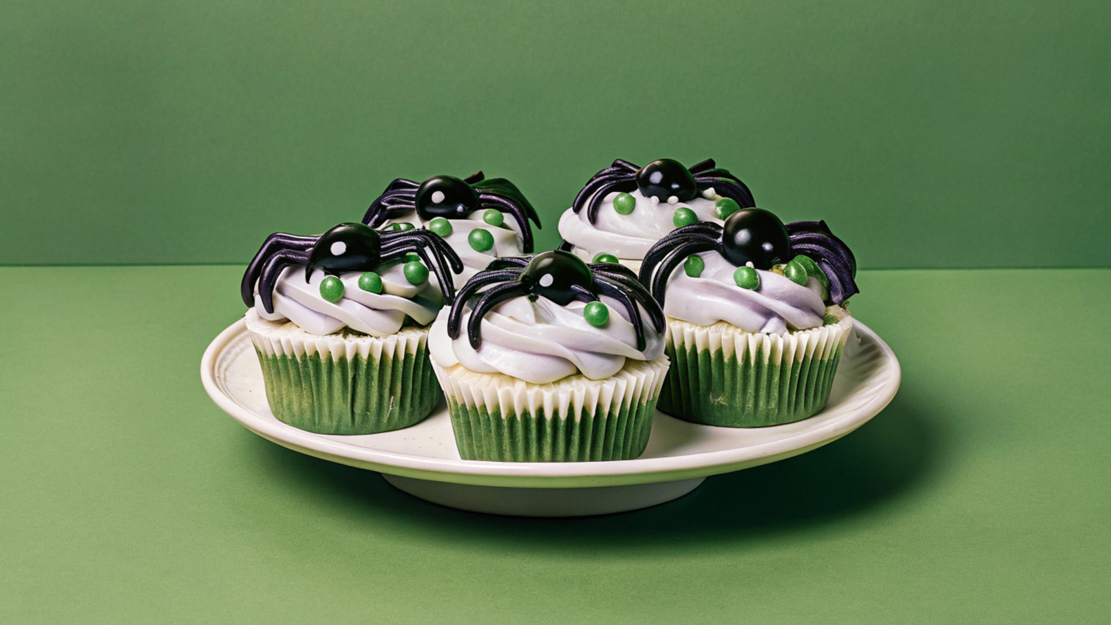 Sechs Halloween-Cupcakes auf einem weißen Teller, mit lila Zuckerguss, grünen Perlen und essbaren Spinnen aus Schokolade als Dekoration. Der Hintergrund ist ein einheitliches Grüntong.