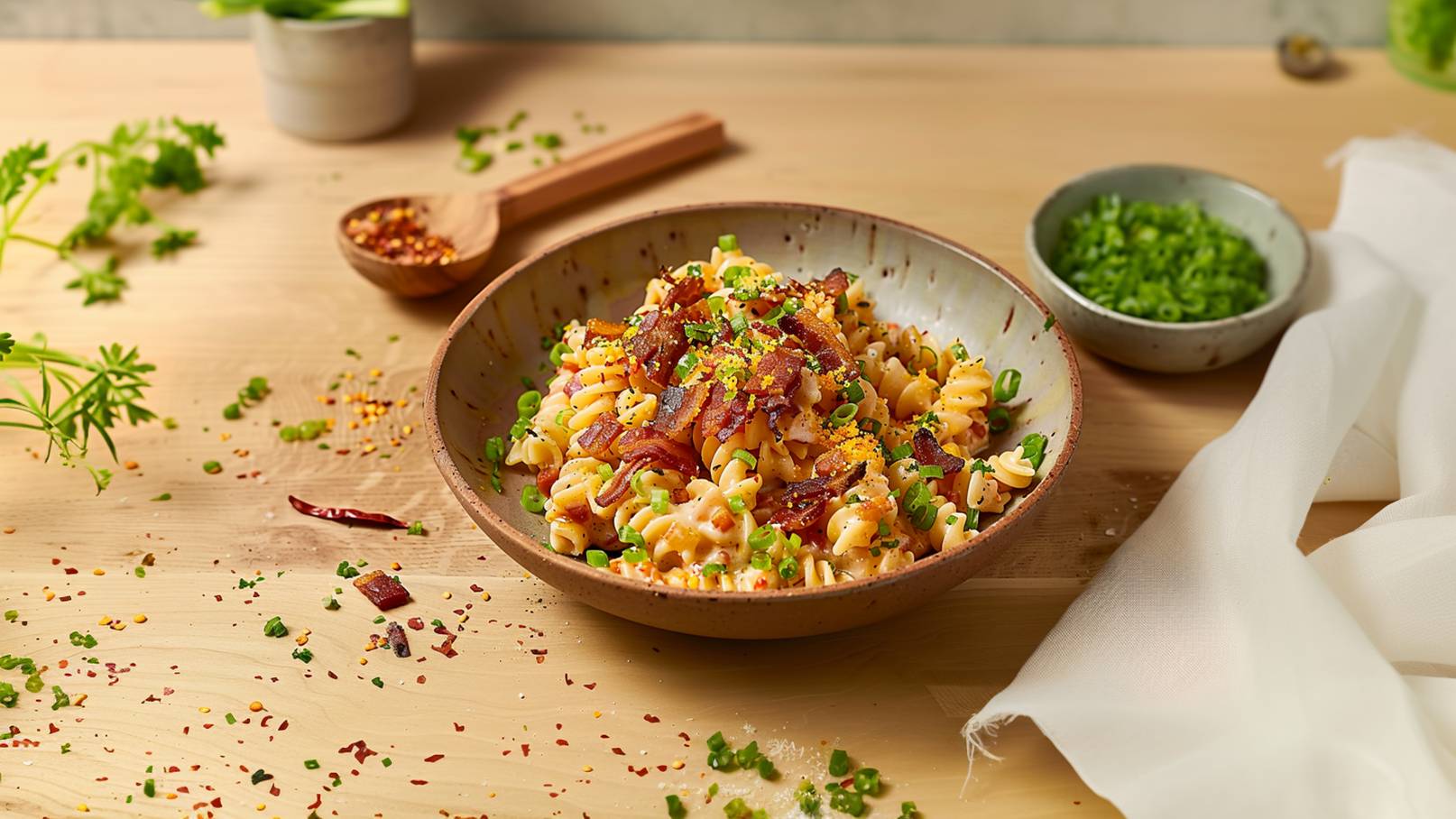 Auf einem Teller befindet sich ein Teller mit Spiralnudeln, garniert mit gebratenem Speck und frischen Kräutern. Die Pasta ist mild und cremig, und das Gericht wirkt appetitlich und frisch.