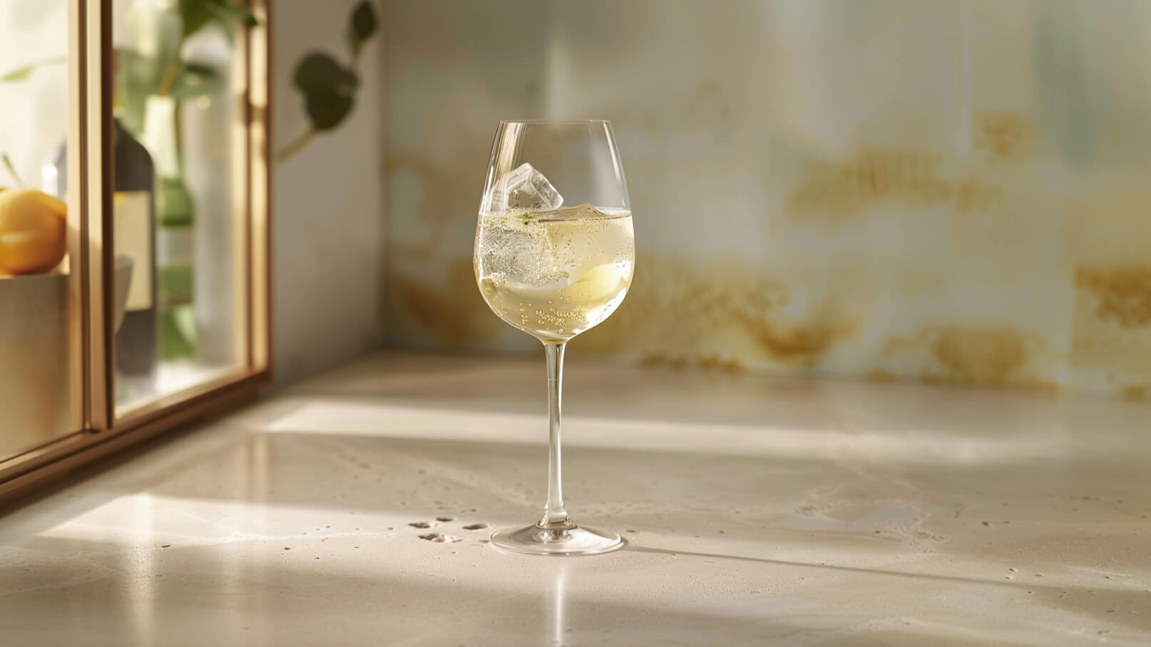 Ein Glas mit sprudelndem Getränk und einem Eiswürfel steht auf einer hellen Tischplatte. Im Hintergrund sind verschwommene Formen von Pflanzen und Flaschen zu erkennen. Das Licht fällt sanft auf das Glas und den Tisch.