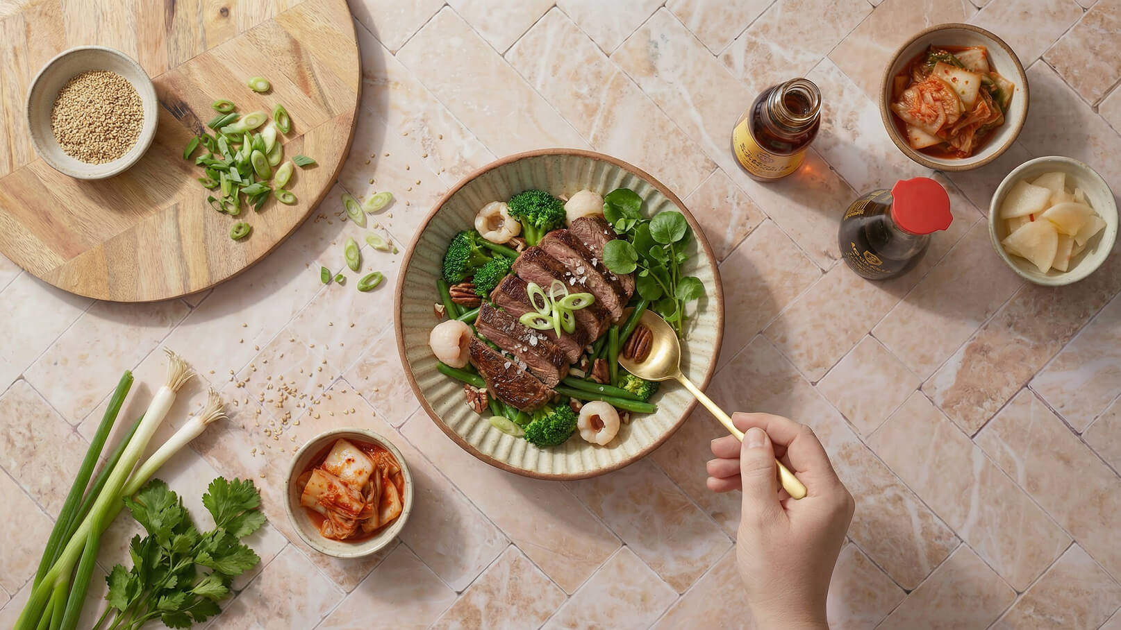 Ein Teller mit aufgeschnittenem Fleisch, umgeben von Brokkoli, grünen Bohnen und Lychee. Eine Hand hält einen Löffel und schöpft das Gericht. In der Nähe sind Schalen mit Kimchi und eingelegtem Gemüse sowie eine Holzplatte mit Sesam und Frühlingszwiebeln.