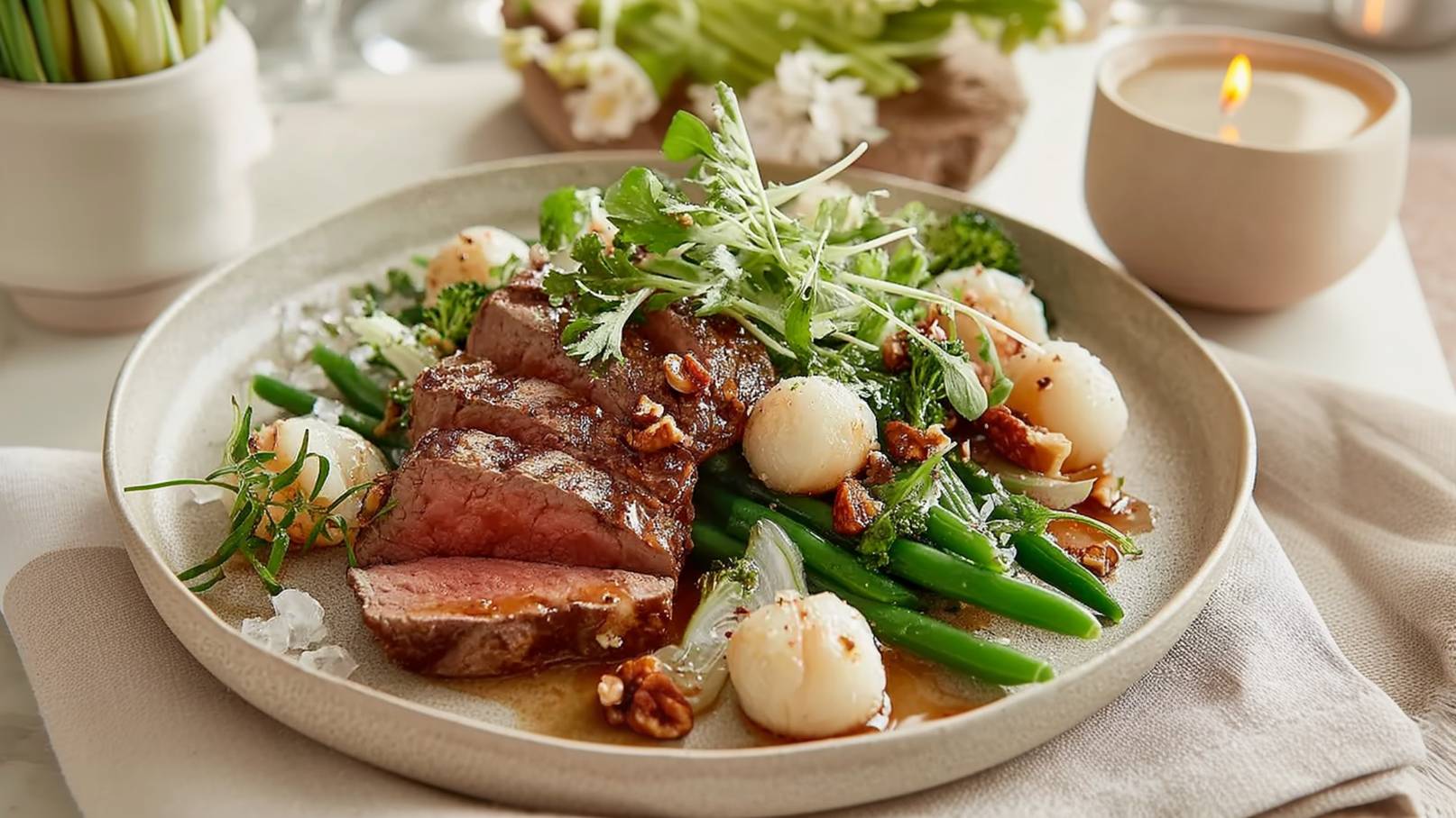 Ein Teller mit saftigem Rindfleisch, das in Scheiben geschnitten ist, umgeben von grünem Gemüse wie Bohnen und Brokkoli. Dazwischen liegen kleine, geschmackvolle Perlenzwiebeln und einige Nüsse. Frische Kräuter runden das Gericht ab.