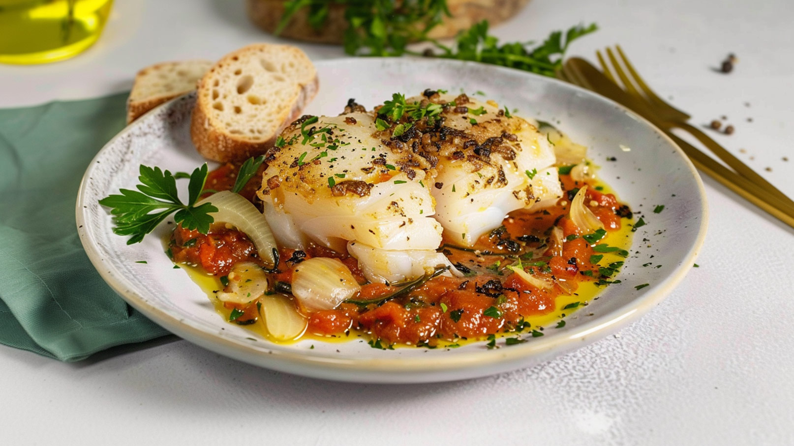 Ein Teller mit gebratenem Fischfilet, serviert auf einer reichhaltigen Tomatensauce mit Zwiebeln und Kräutern. Dazu liegen einige Brotscheiben. Der Fisch ist mit goldbraunem Knoblauch und frischer Petersilie garniert.