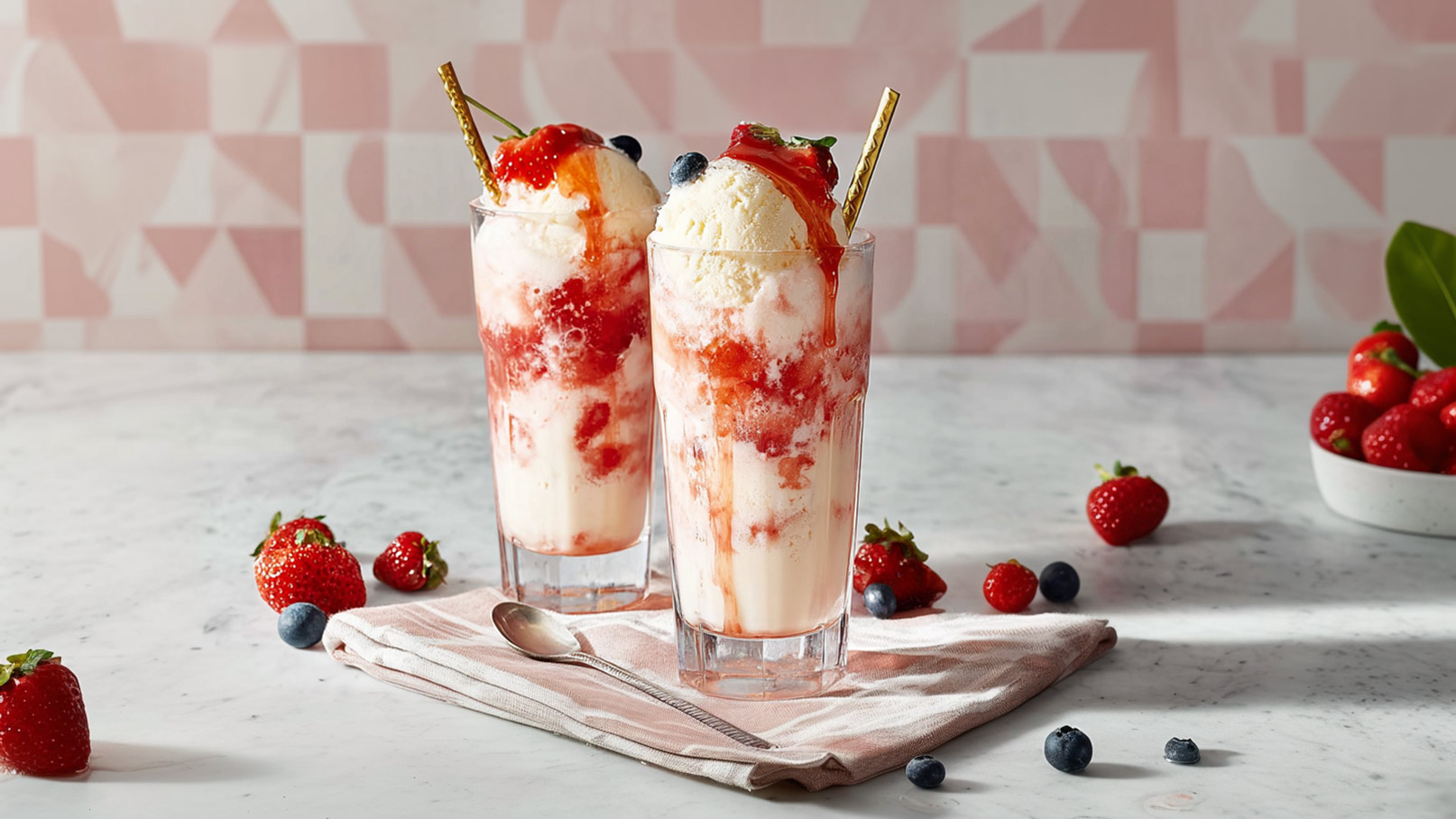 Zwei hohe Gläser mit Erdbeereis, garniert mit Erdbeermus und frischen Beeren, stehen auf einem Tisch. Daneben liegen einige Erdbeeren und ein Teelöffel auf einem gestreiften Tuch. Der Hintergrund ist mit sanften, rosa geometrischen Mustern dekoriert.