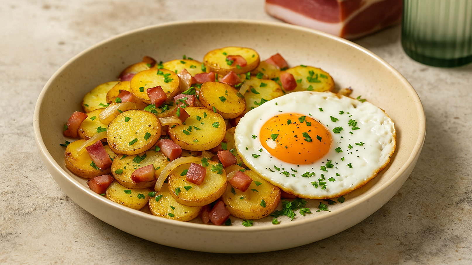 Ein Teller mit knusprig gebratenen Kartoffelscheiben, gewürzt mit frischer Petersilie, und gewürfeltem Schinken. Neben den Kartoffeln liegt ein Spiegelei mit einem leuchtend orangefarbenen Eigelb. Der Hintergrund ist neutral gehalten und hebt das Gericht hervor.