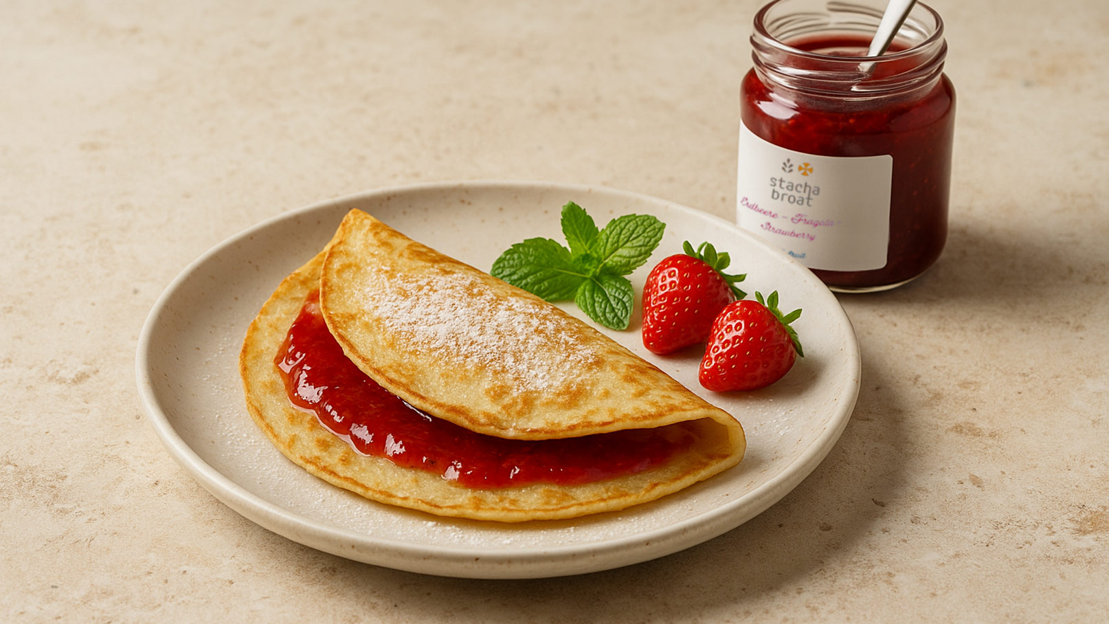 Ein Teller mit einem gefalteten Pfannkuchen, gefüllt mit Erdbeermarmelade, bestäubt mit Puderzucker. Neben dem Pfannkuchen liegen zwei frische Erdbeeren und ein Glas Marmelade. Ein frisches Minzblatt ergänzt die Präsentation.