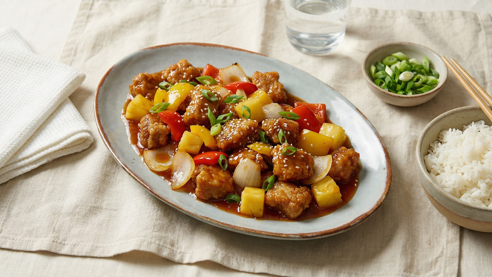 Ein Teller mit gebratenem Fleisch, Gemüse (Paprika, Zwiebeln, Ananas) und Sesam in einer aromatischen Sauce. Daneben eine Schüssel mit weißem Reis und eine kleine Schale mit gehackten Frühlingszwiebeln. Im Hintergrund ein Glas Wasser.
