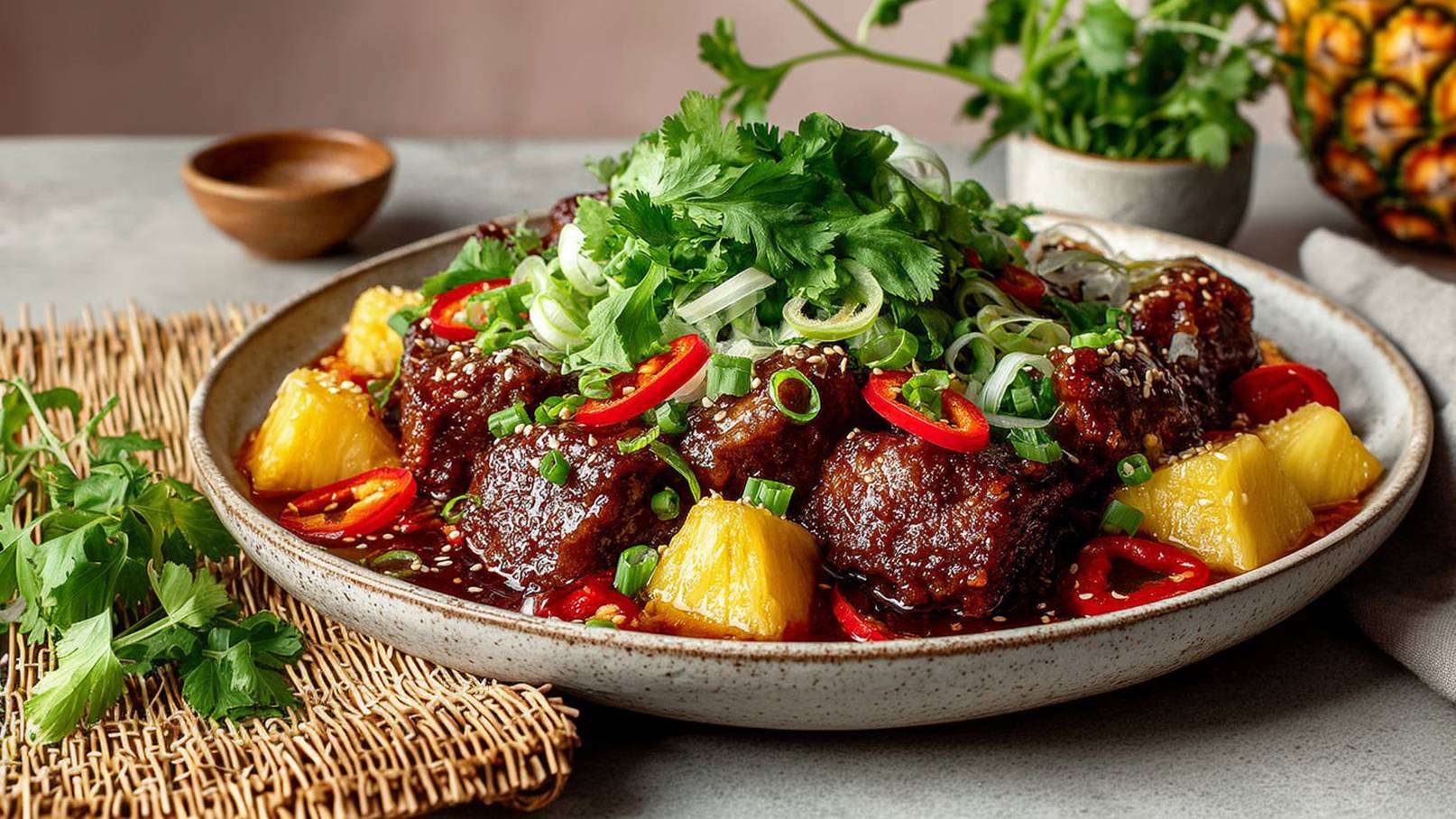Eine schwarze Schüssel mit dampfendem, weißem Reis, garniert mit stückigem, glasiertem Fleisch und buntem Gemüse wie Paprika. Die Zutaten sind mit feingehacktem Schnittlauch bestreut, was dem Gericht eine frische Note verleiht.