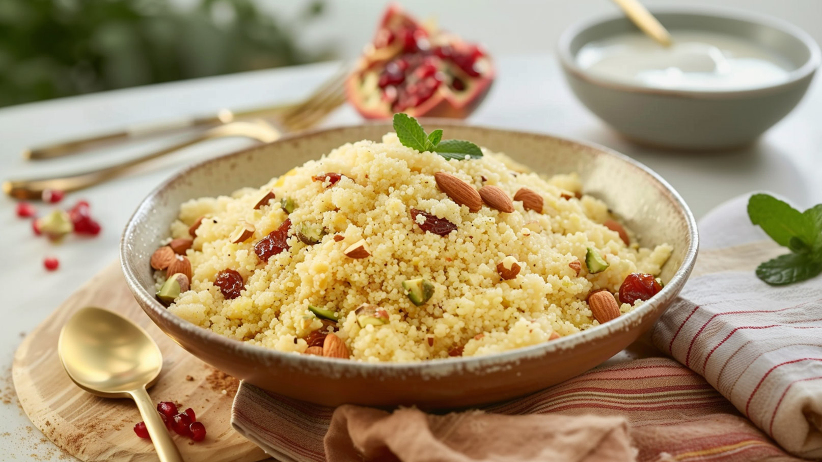 Eine Schüssel mit buntem Couscous, garniert mit Mandeln, getrockneten Früchten und frischer Minze. Im Hintergrund ist eine kleine Schale mit Joghurt zu sehen. Der Tisch ist einfach gedeckt und vermittelt ein einladendes, köstliches Ambiente.