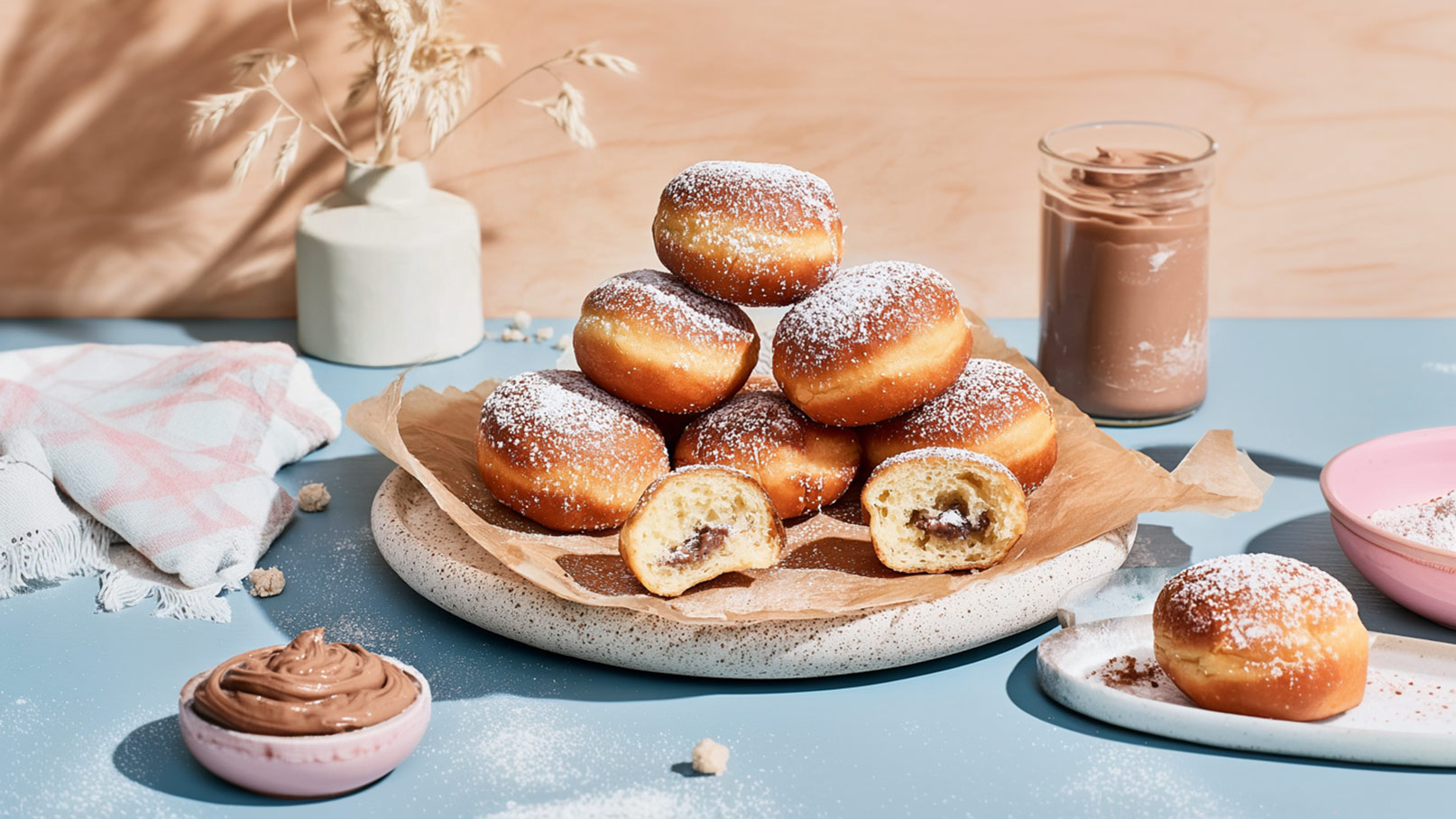 Ein Teller mit mehreren goldbraunen Krapfen, bestäubt mit Puderzucker. Einer der Krapfen ist aufgeschnitten und zeigt eine schokoladige Füllung. Im Hintergrund befindet sich ein Glas mit Schokoladencreme und eine kleine Schüssel mit Creme.
