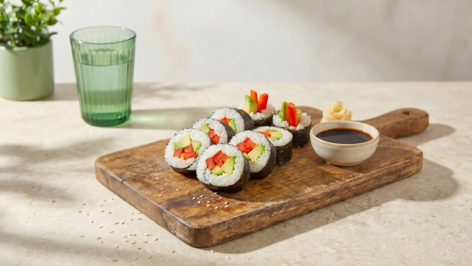 Auf einem Holzbrett liegen mehrere Sushi-Rollen mit buntem Gemüse und Reis. Neben den Sushi befindet sich eine kleine Schale mit Sojasauce und etwas Ingwer. Im Hintergrund steht ein grünes Glas Wasser.