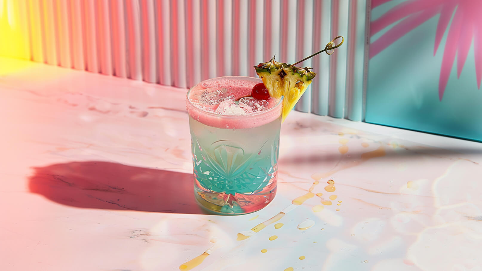 Ein farbenfroher Cocktail in einem dekorativen Glas mit Eiswürfeln. Oben garnierte er mit einer Scheibe Ananas und einer Kirsche. Der Hintergrund zeigt einen sanften Farbverlauf.