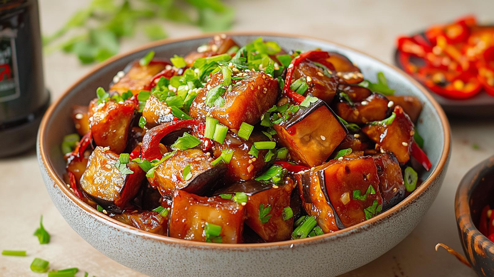 Eine Schüssel mit gebratenem Auberginenwürfeln, garniert mit frischen Lauchzwiebeln und roten Chilischoten. Die Stücke sind glänzend und in einer dicken, aromatischen Sauce angerichtet, die dem Gericht eine appetitliche Optik verleiht.