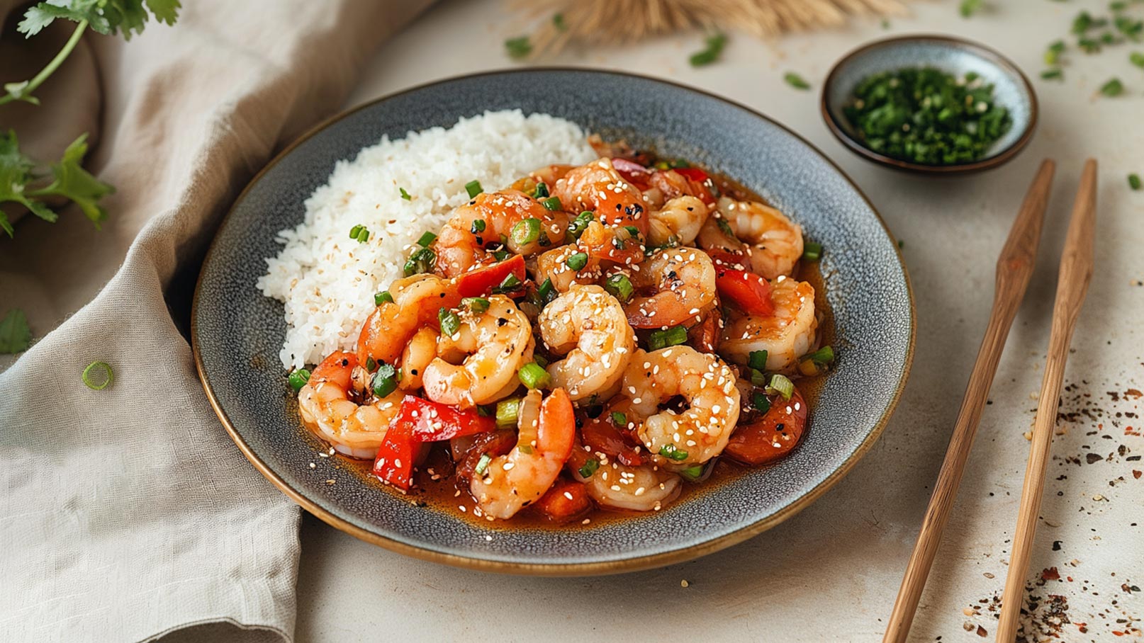 Ein Teller mit gebratenen Garnelen, gemischt mit buntem Gemüse wie Paprika und Frühlingszwiebeln, garniert mit Sesam. Daneben liegt eine Portion weißer Reis. Das Essen ist ansprechend angerichtet, mit essbaren Zutaten in lebendigen Farben.