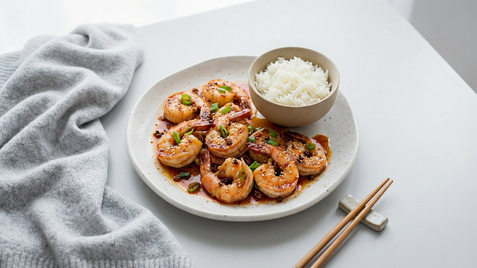Ein Teller mit gebratenen Garnelen in einer würzigen Sauce, garniert mit Frühlingszwiebeln. Neben dem Teller befindet sich eine kleine Schüssel mit weißem Reis. Chopsticks liegen auf dem Tisch. Das Bild vermittelt eine ansprechende, asiatische Mahlzeit.