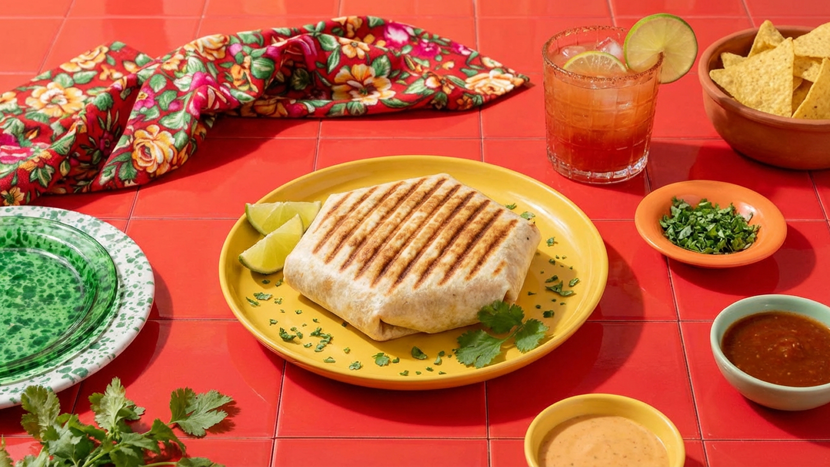 Auf einem orangefarbenen Teller liegt ein eingewickeltes, gegrilltes Burrito. Neben dem Burrito befinden sich zwei Limettenhälften und frischer Koriander. Im Hintergrund stehen ein Glas mit Getränk, Schalen mit verschiedenen Saucen und eine Schüssel mit Tortilla-Chips.