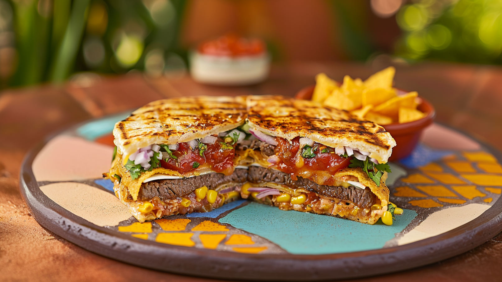 Ein aufgeschnittenes Sandwich auf einem bunten Teller. Es enthält gegrilltes Fleisch, geschmolzenen Käse, frisches Gemüse und Salsa. Neben dem Sandwich befindet sich eine Schüssel mit Tortillachips. Die Präsentation ist ansprechend und farbenfroh.