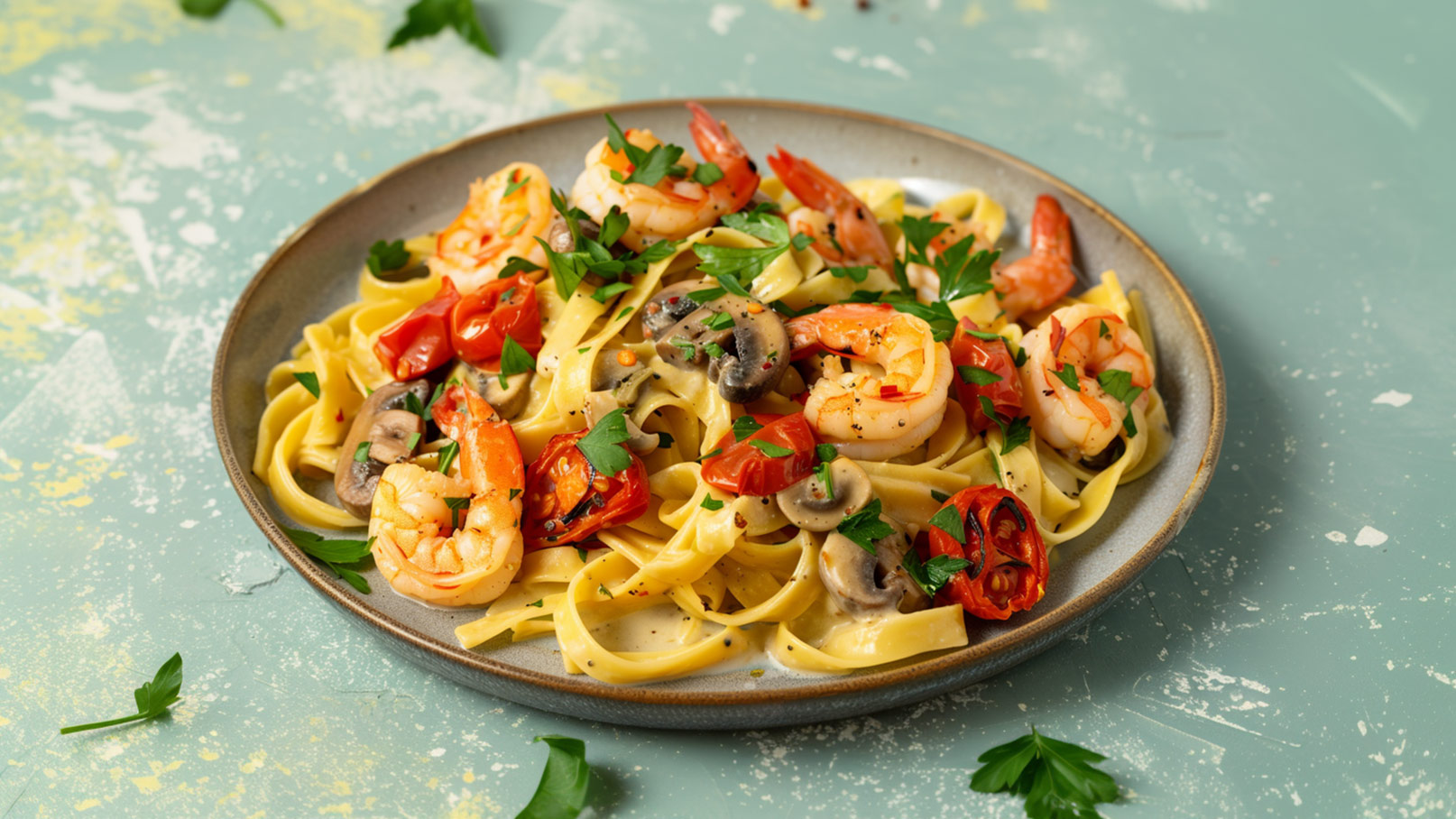 Ein Weißer Teller mit fettuccine Nudeln in einer cremigen Sauce, garniert mit kleinen Garnelen und frischen Rosmarinzweigen. Der Teller steht auf einer grauen Unterlage, neben dem Teller liegen ein goldfarbenes Besteck und ein graues Essstäbchen.