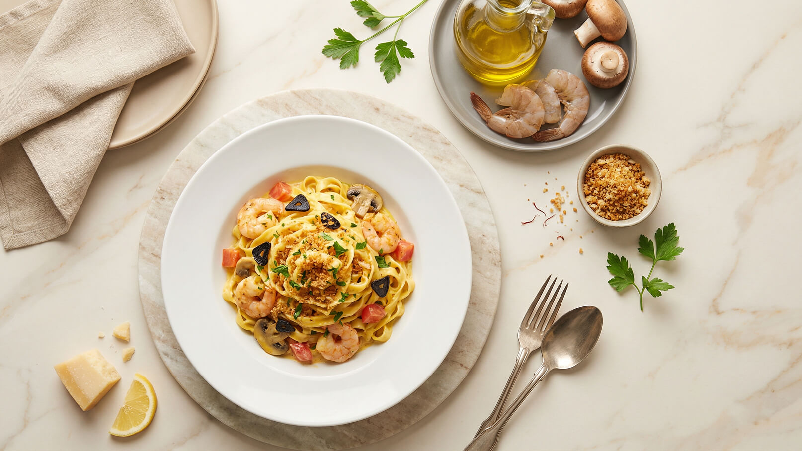Ein Teller mit Pasta, Garnelen, Tomaten und schwarzen Oliven, garniert mit frischer Petersilie und knusprigen Bröseln. Neben dem Teller befinden sich ein Glas Olivenöl, frische Champignons und ein kleiner Behälter mit Gewürzen. Ein gefaltetes Geschirrtuch liegt auf der Tischoberfläche.