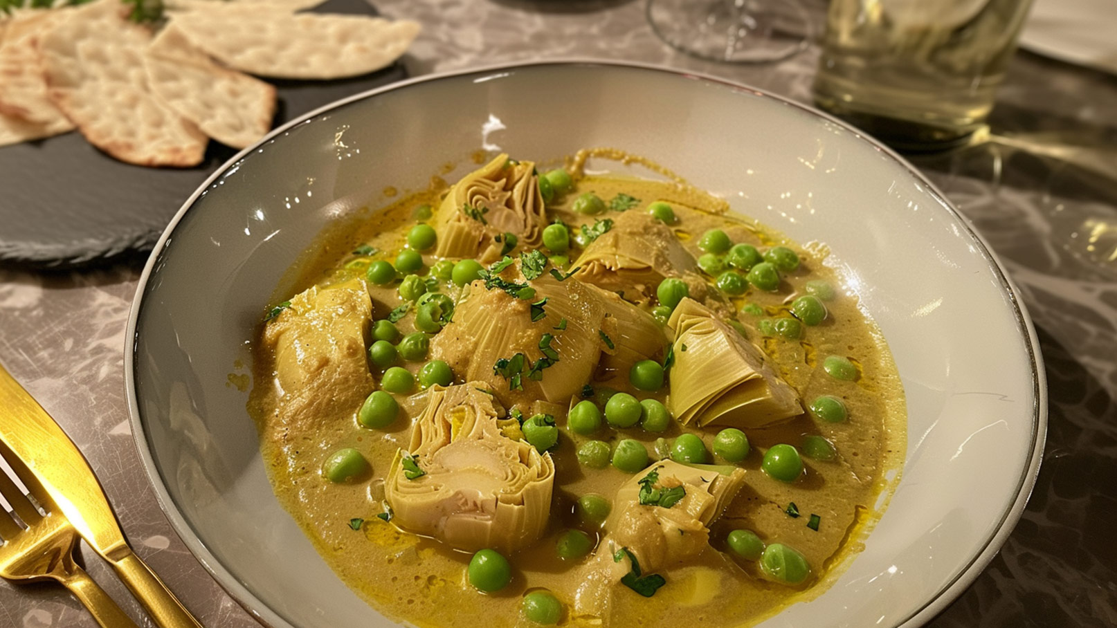 Ein tiefes Teller mit cremiger Sauce, zarten Artischockenherzen und frischen Erbsen. Darüber sind gehackte Kräuter verteilt. Im Hintergrund sind einige Fladenbrote auf einem schwarzen Teller zu sehen. Die Szene hat ein elegantes Tischambiente.