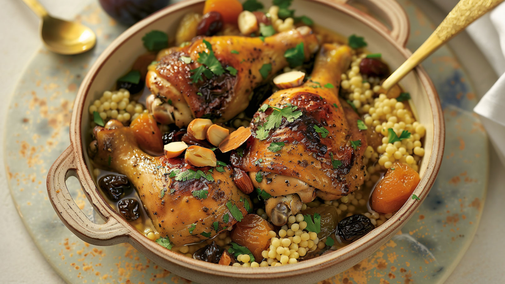 Ein dicht gefüllter Tontopf enthält saftige Hähnchenschenkel, garniert mit frischen Kräutern. Umgeben von süßem Couscous, getrockneten Früchten und Nüssen, strahlt das Gericht eine einladende, rustikale Atmosphäre aus.