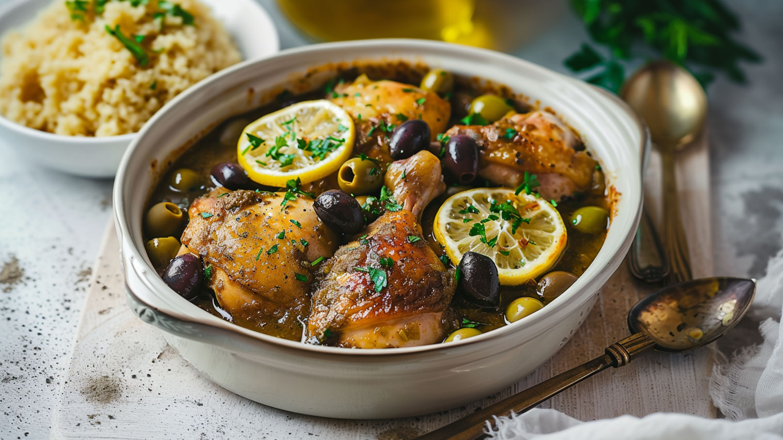 Ein Gefäß mit gekochtem Hühnchen, garniert mit Zitronenscheiben, grünen und schwarzen Oliven sowie frischen Kräutern. Im Hintergrund befindet sich eine Schüssel mit lockerem Couscous.