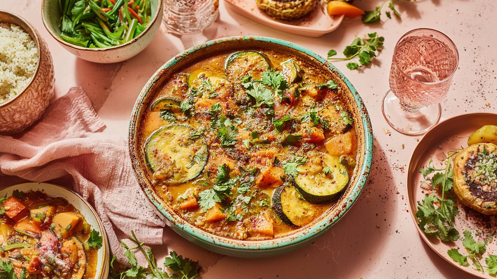 Eine Schüssel mit buntem gebratenem Gemüse, darunter Karotten, Zucchini und Kürbis, garniert mit frischem Koriander und Mandelsplittern. Daneben eine Portion Couscous in einer flachen Schüssel, dekoriert mit Kräutern, und eine Flasche Olivenöl im Hintergrund.