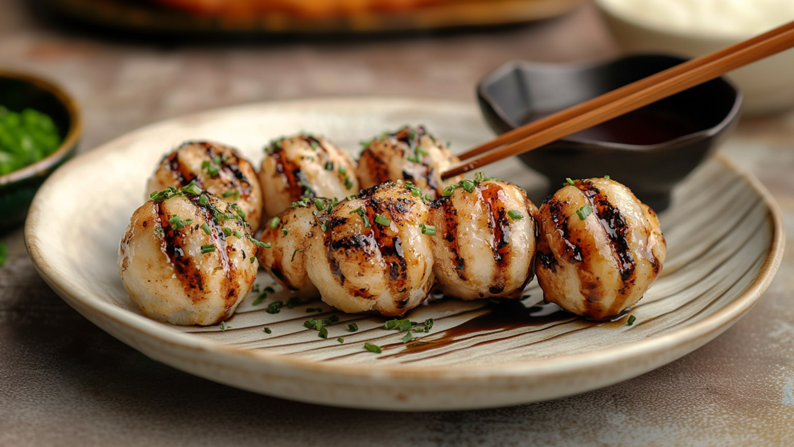Auf dem Teller liegen mehrere gegrillte, runde Köstlichkeiten, garniert mit frischem Schnittlauch. Eine Essensgabel aus Holz liegt in der Nähe, zusammen mit einer kleinen Schüssel, die eine dunkle Sauce enthält.