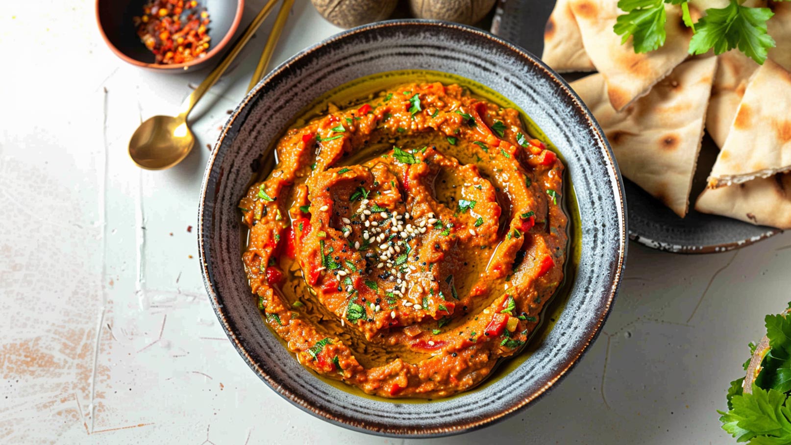 Eine Schüssel mit cremigem Dip, verfeinert mit roten Paprikawürfeln und frischen Kräutern. Der Dip ist mit Sesam bestreut und wird zusammen mit Fladenbrot serviert. Das Gericht hat eine ansprechende, leuchtende Farbe und ist von Olivenöl umgeben.