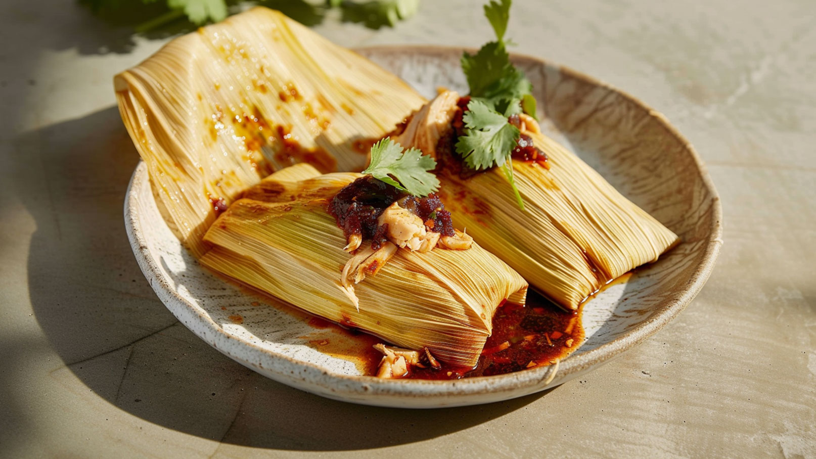 Auf einem Teller liegen drei gefüllte Tamales, umhüllt von Maisblättern. Sie sind mit einer würzigen Sauce und zerrissenem Hähnchen gefüllt, garniert mit frischem Koriander. Der Teller steht auf einer hellen Oberfläche.