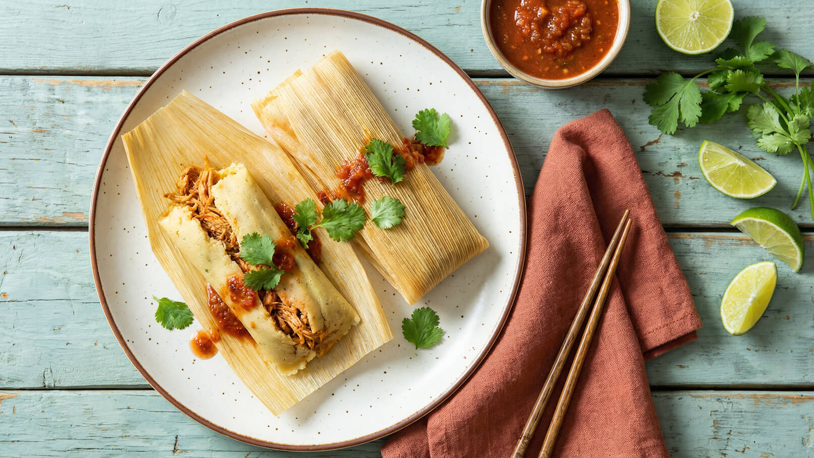Ein Teller mit zwei gefüllten Tamales, garniert mit Koriander und Chilisauce. Daneben liegen eine Stoffserviette, Essstäbchen und mehrere Limettenscheiben. Der Hintergrund besteht aus einer hölzernen Tischoberfläche mit blauer Farbe.