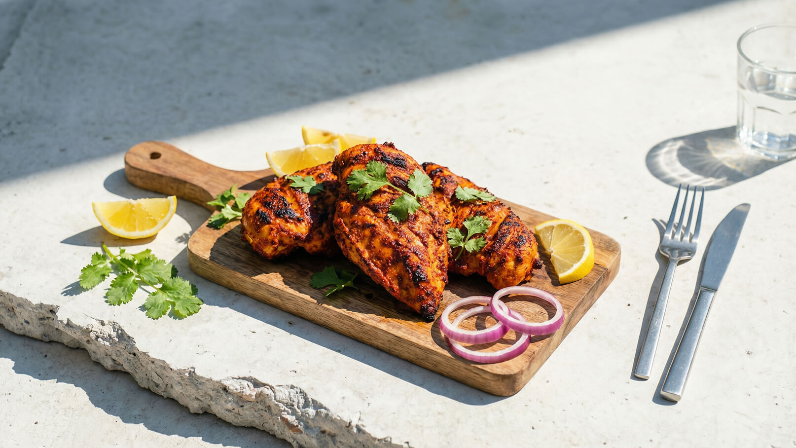 Auf einem Holzbrett liegen gegrillte Hähnchenbrustfilets, garniert mit frischem Koriander. Dazu sind Zitronenscheiben und rote Zwiebelringe platziert. Im Hintergrund sind ein Wasserglas und Besteck zu sehen. Die Szene wirkt einladend und sommerlich.