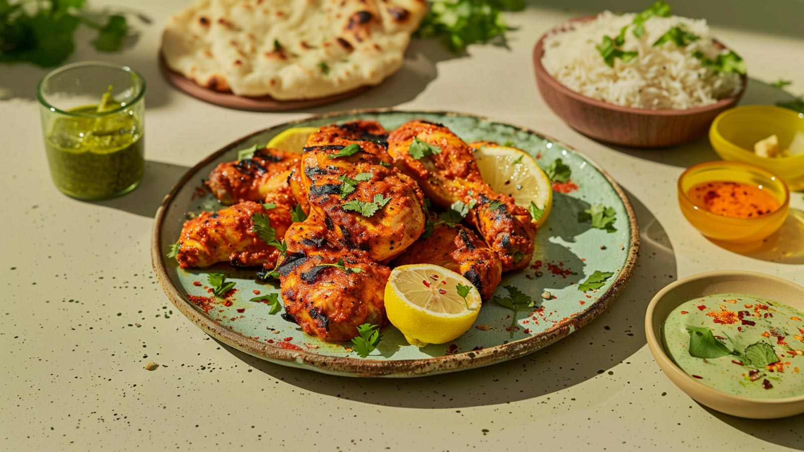 Auf dem Teller liegen gegrillte Hähnchenteile, mariniert in einer würzigen Sauce, garniert mit frischem Koriander und Zitronenscheiben. Daneben befinden sich Beilagen wie Reis, Naan-Brot und verschiedene Saucen. Die Präsentation ist ansprechend und farbenfroh.