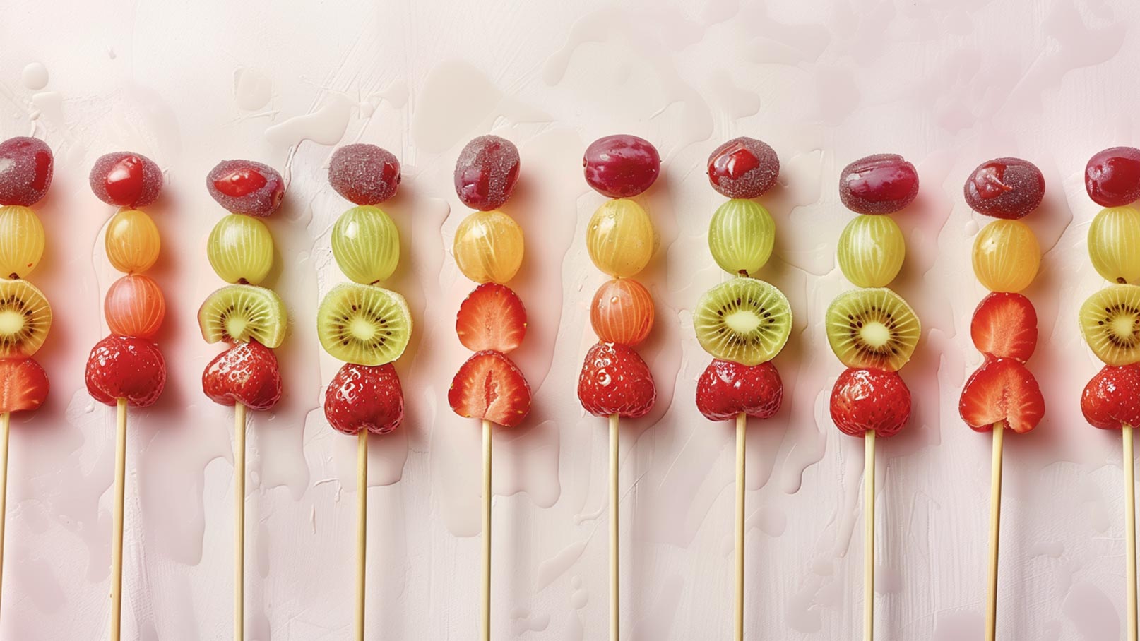 Bunte Obstspieße stehen auf einer Oberfläche. Die Spieße sind mit verschiedenen Früchten wie Erdbeeren, Trauben, Kiwi und gekochten Tomaten bestückt, die in einer ansprechenden Reihenfolge angeordnet sind. Die Farben der Früchte sind lebhaft und frisch.