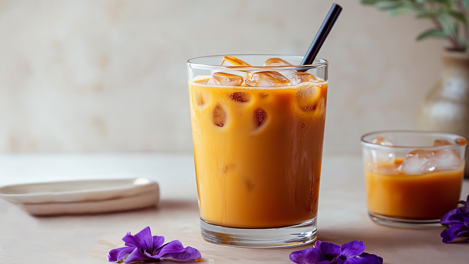 Ein großes Glas mit eisgekühltem, orangem Getränk, das auf Eiswürfeln serviert wird. Ein dünner schwarzer Strohhalm steckt darin. Im Hintergrund steht ein kleineres Glas mit dem gleichen Getränk und violette Blumen liegen dekorativ auf der Oberfläche.