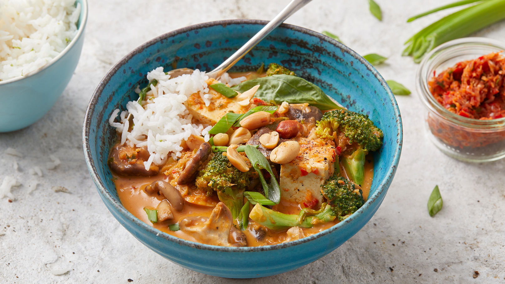 In einer blauen Schüssel befindet sich ein buntes Gericht mit Tofu, Brokkoli, Pilzen und Reis. Das Gericht ist mit Erdnüssen und frischen Kräutern garniert. Neben der Schüssel steht ein weiterer Behälter mit einer roten Paste.